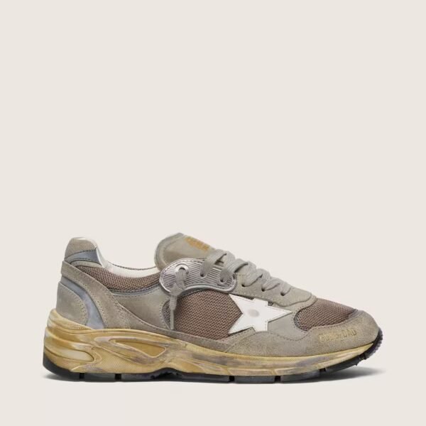 Dad-Star in dove-gray suede and silver mesh with white leather star and suede heel tab
