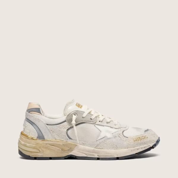 Dad-Star in suede and mesh with white leather star and beige leather heel tab