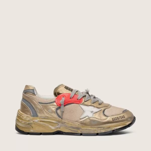 Dad-Star in gold laminated leather and mesh with white leather star and gold leather heel tab