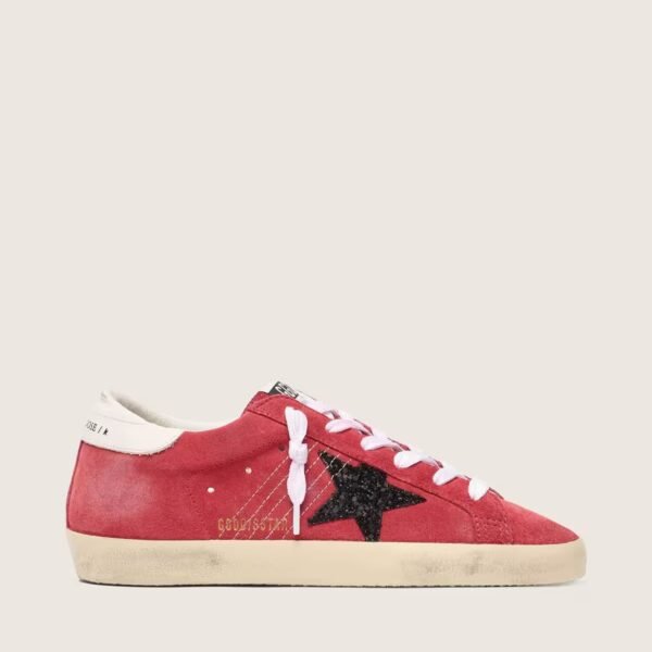 Golden Goose Super-Star in red suede with glitter star and white heel tab