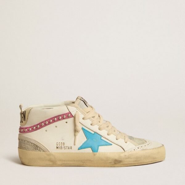 Mid Star in leather with light blue star and fuchsia suede flash with platinum studs