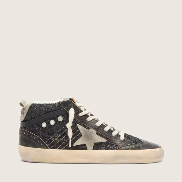 Mid Star in black glitter with dove-gray suede star and heel tab