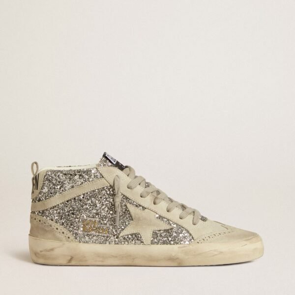 Mid Star in silver glitter with ice-gray suede star and flash