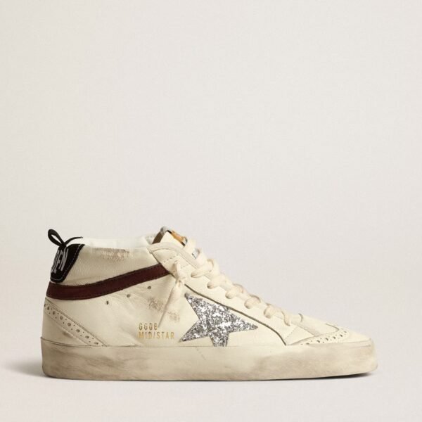 Mid Star in white nappa leather with silver glitter star