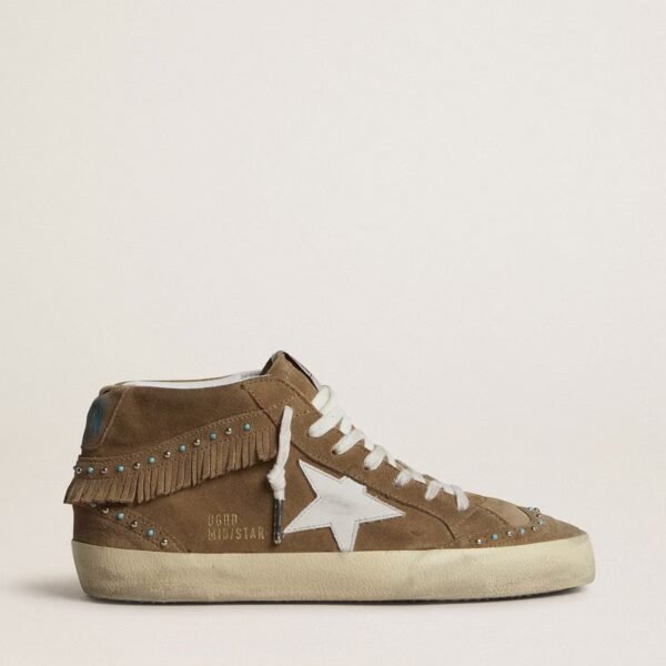 Mid Star in tobacco suede with fringing and studs