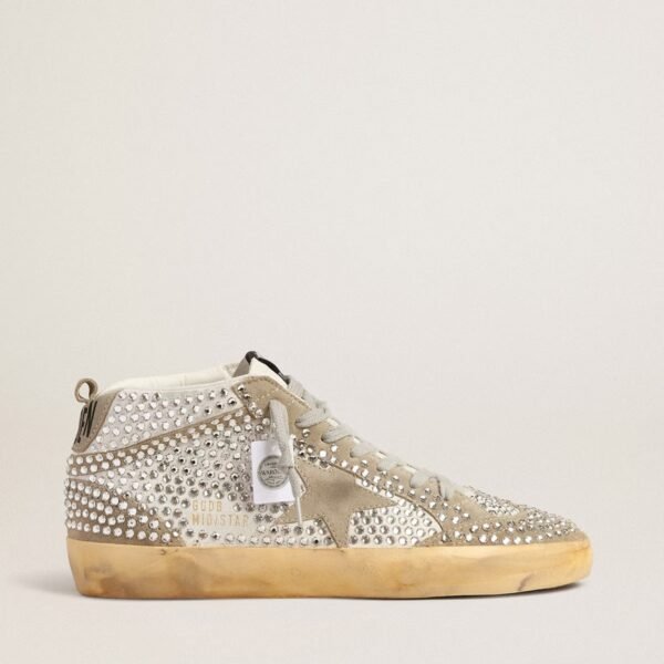 Mid Star in white and dove-gray suede with Swarovski crystals