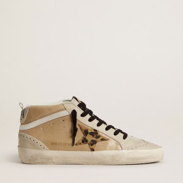 Mid Star in beige naplak leather with leopard-print pony skin star