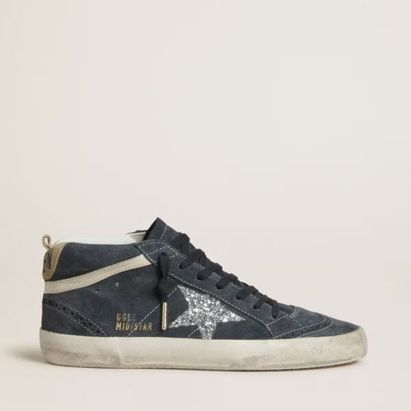 Mid Star in petrol-blue suede with silver glitter star and cotton flash