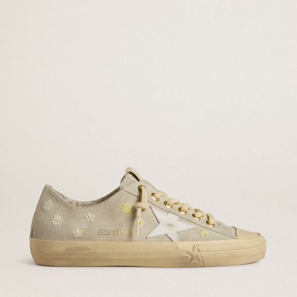 V-Star in ice-gray suede with white leather star and floral embroidery
