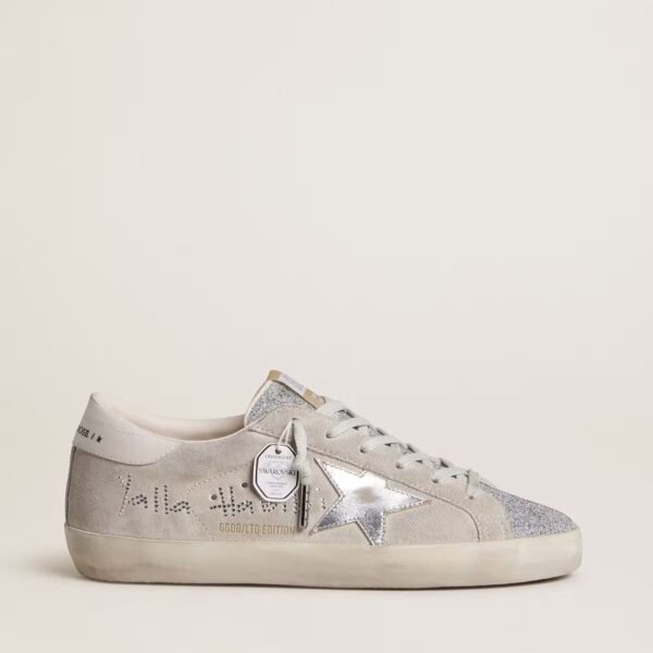 Golden Goose Super-Star LTD in gray suede with laminated leather star and Swarovski crystal tongue