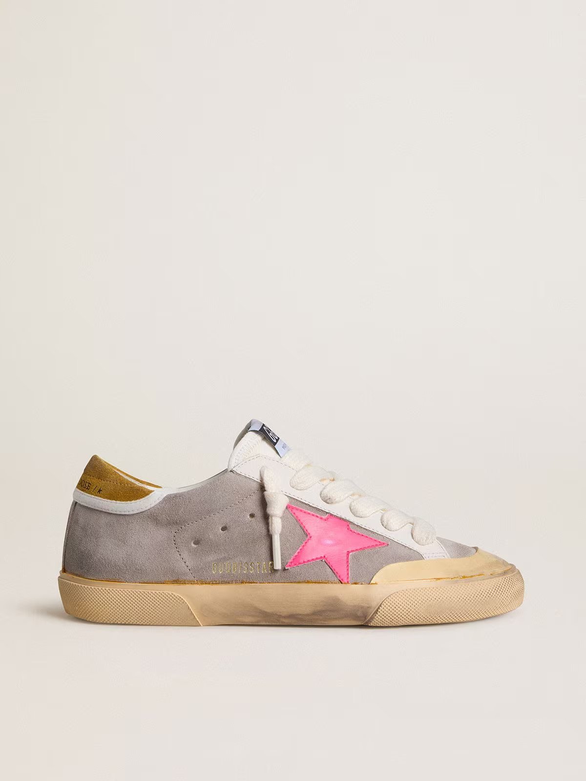 1 Golden Goose Super-Star in dove-gray suede with fuchsia leather star and ocher suede heel tab - Image 1