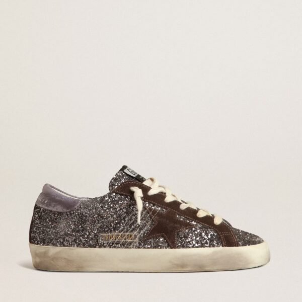 Golden Goose Super-Star in glitter with a brown star and lilac heel tab