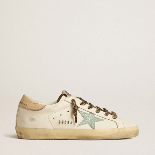 Golden Goose Super-Star with gray glitter star and nude leather heel tab