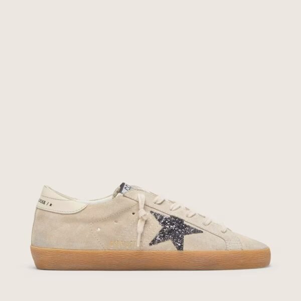 Golden Goose Super-Star in ice-gray suede with silver glitter star and leather heel tab