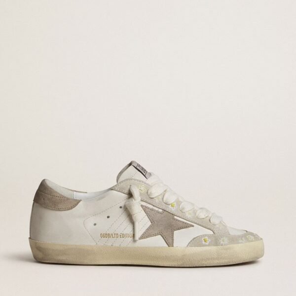 Golden Goose Super-Star LTD with beige suede star and heel tab and floral embroidery