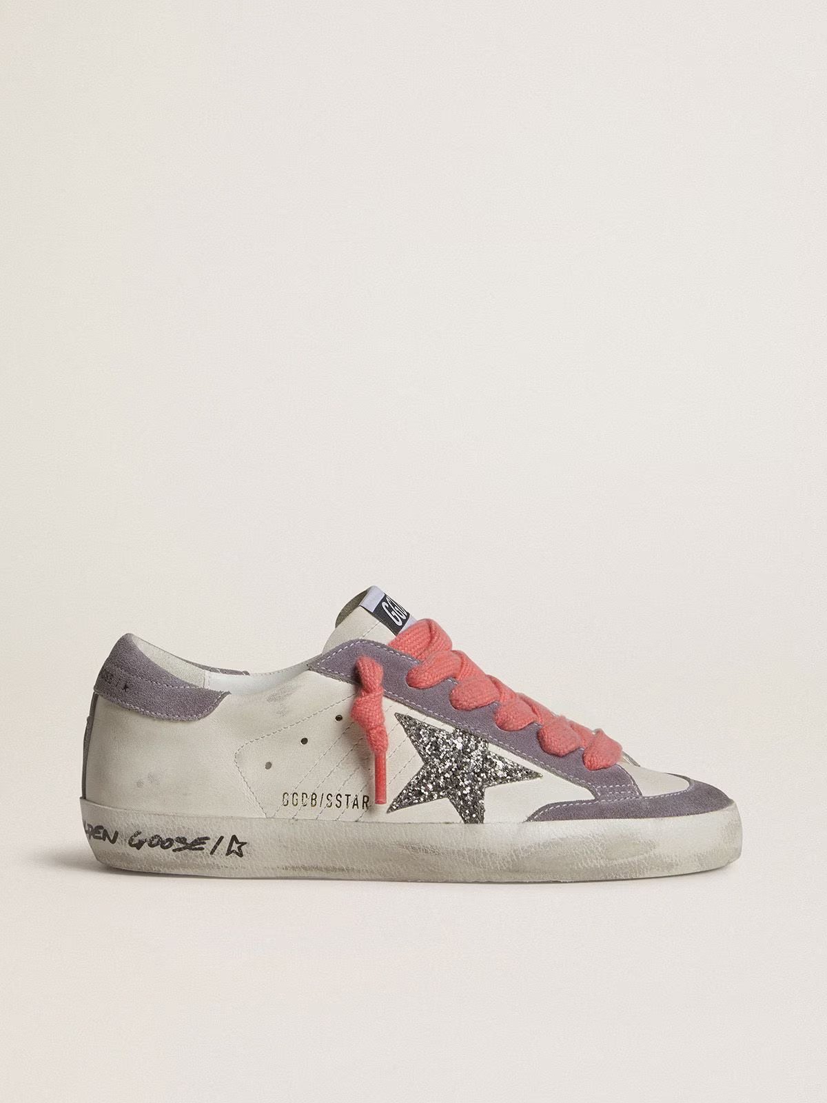 1 Golden Goose Super-Star with silver glitter star and lilac suede heel tab - Image 1