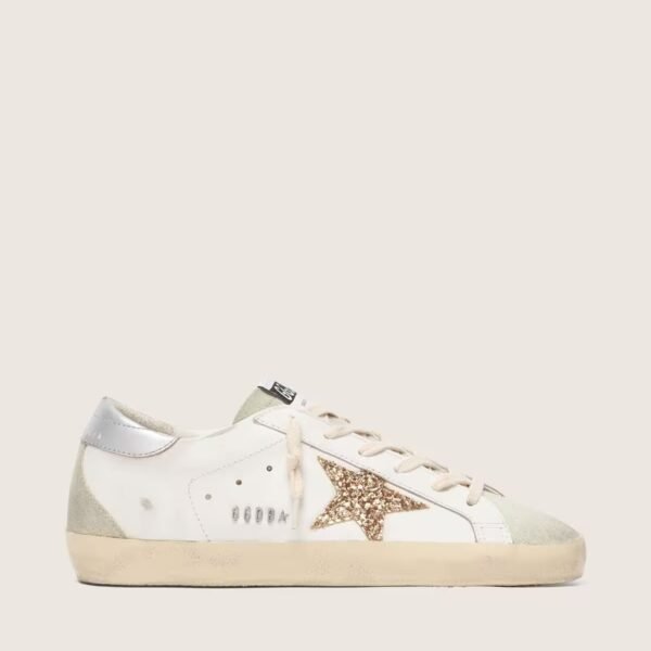 Golden Goose Super-Star with gold glitter star and ice-gray suede inserts