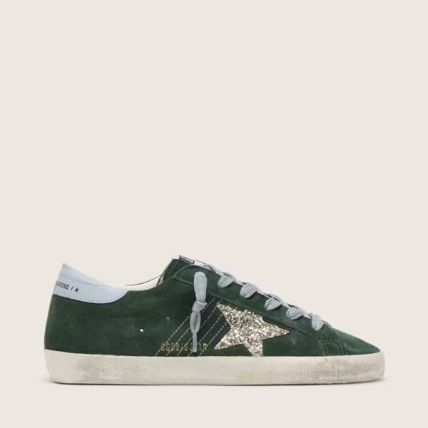 Golden Goose Super-Star in green suede, silver glitter star and leather heel tab
