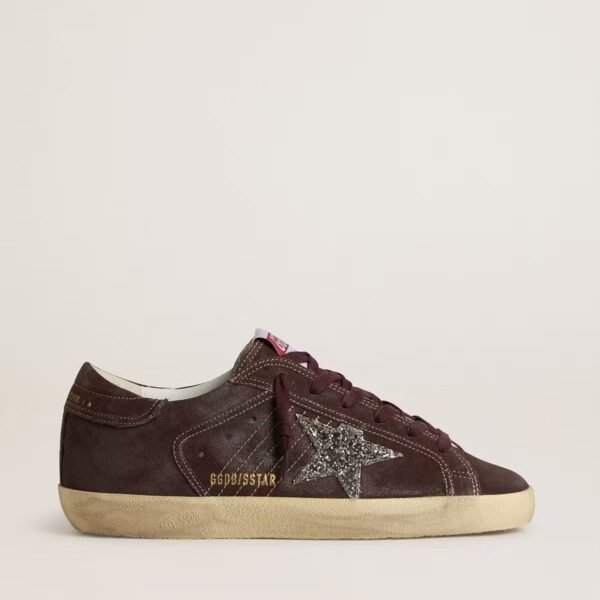 Golden Goose Super-Star in brown suede with silver glitter star