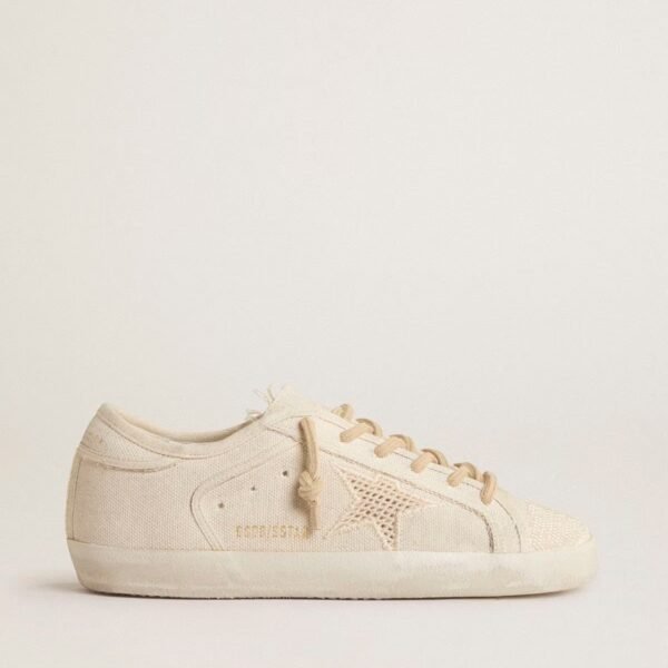 Golden Goose Super-Star in pearl-colored canvas with a tone-on-tone mesh effect star