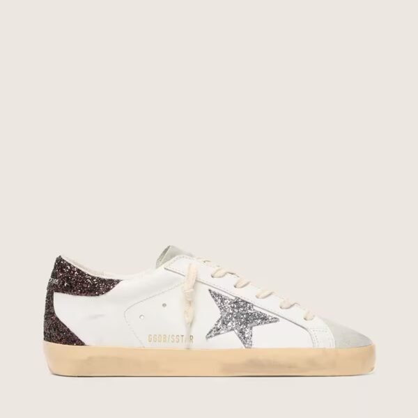 Golden Goose Super-Star with silver glitter star and brown glitter heel tab