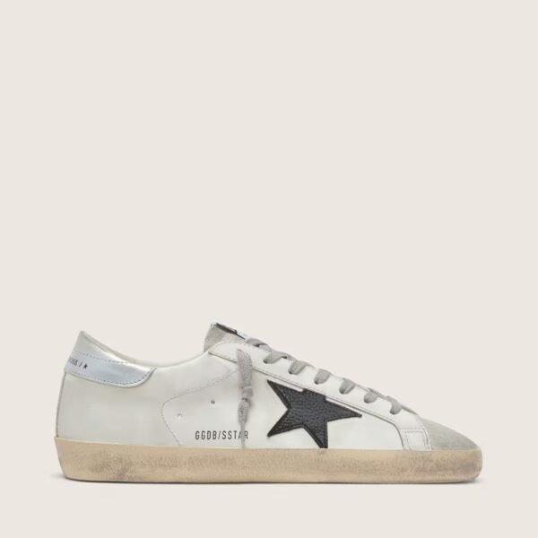 Golden Goose Super-Star in white leather with black nubuck star and silver metallic leather heel tab