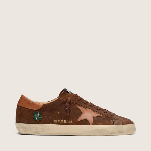 Golden Goose Super-Star LTD in brown suede with brick-red leather star and embroidery with green beads