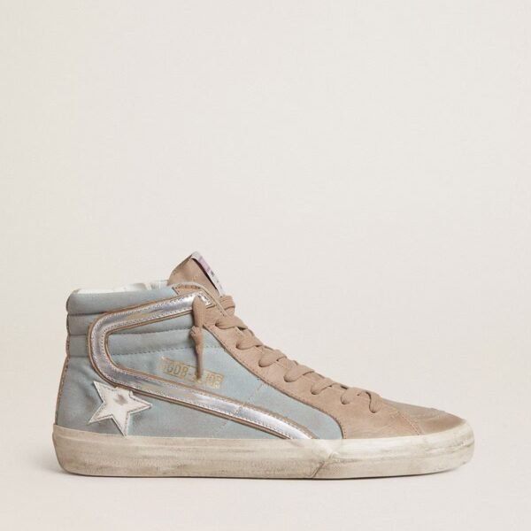 Slide in light blue canvas with silver metallic leather flash