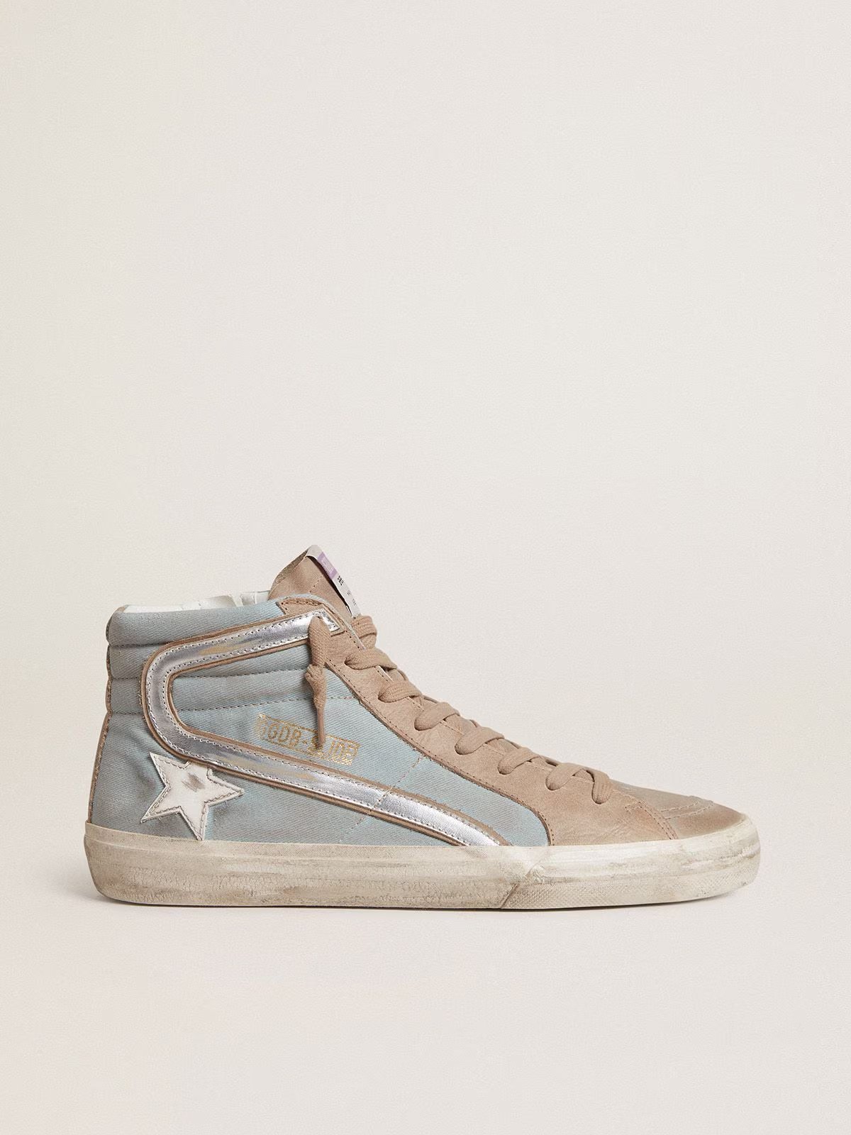 1 Slide in light blue canvas with silver metallic leather flash - Image 1