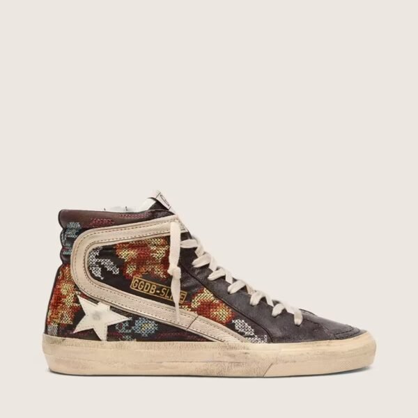 Slide in ebony leather with cream star and multicolor embroidery