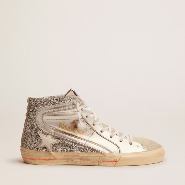 Slide with laminated leather upper and silver glitter