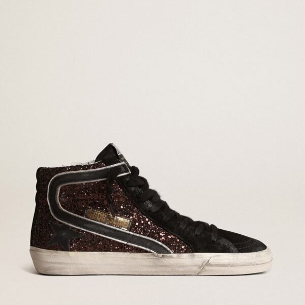 Slide in brown glitter with black leather star and flash