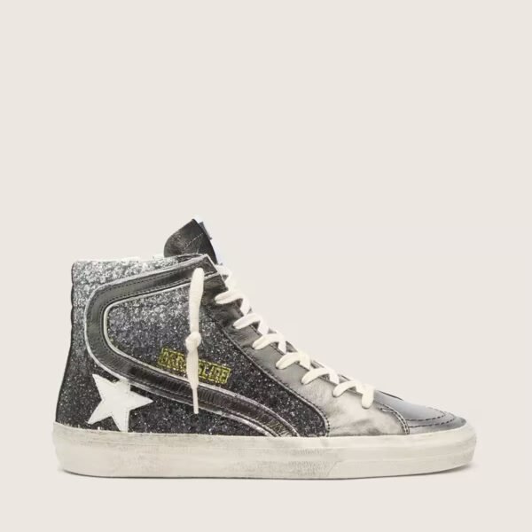Slide in black and silver glitter with leather star and metallic flash