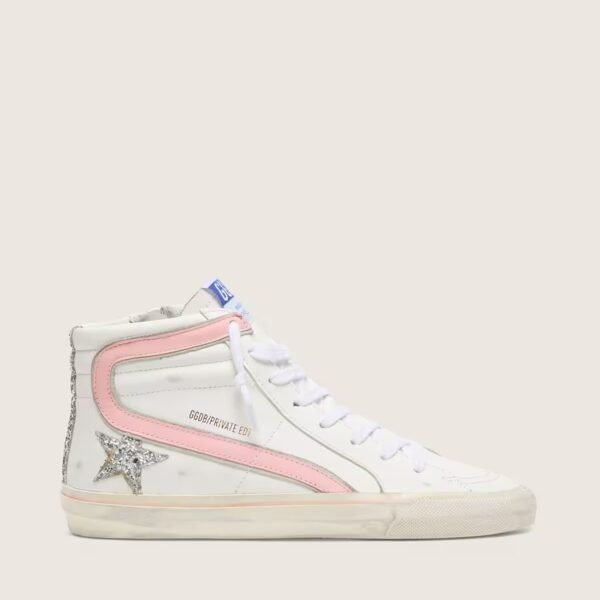 Slide in white leather with silver glitter star and pink leather flash