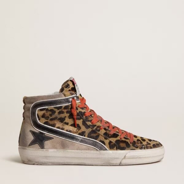 Slide LTD in leopard-print pony skin with metallic leather star and flash