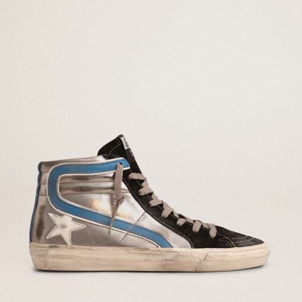 Slide in silver metallic leather with white leather star