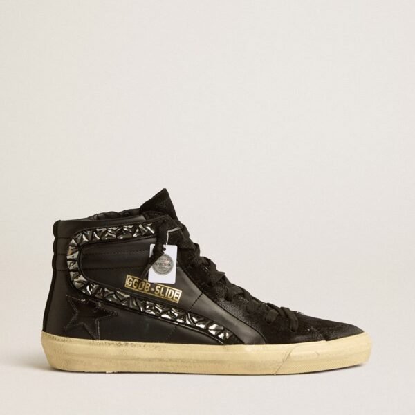 Slide in leather with black star and Swarovski crystal flash