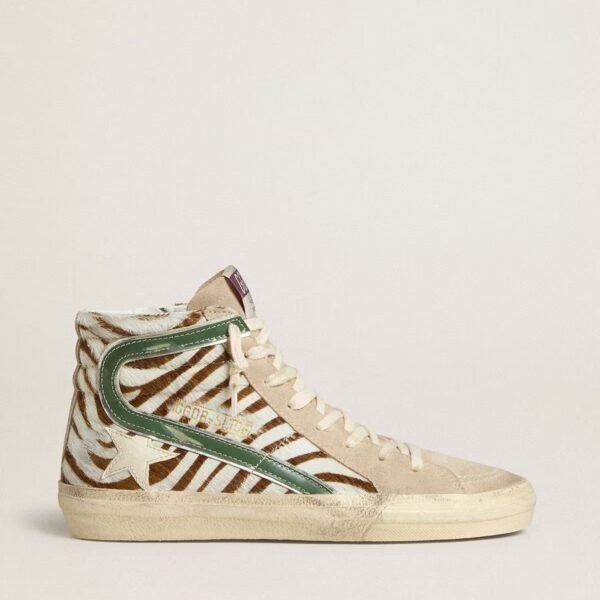 Slide in zebra-print pony skin with green laminated leather flash