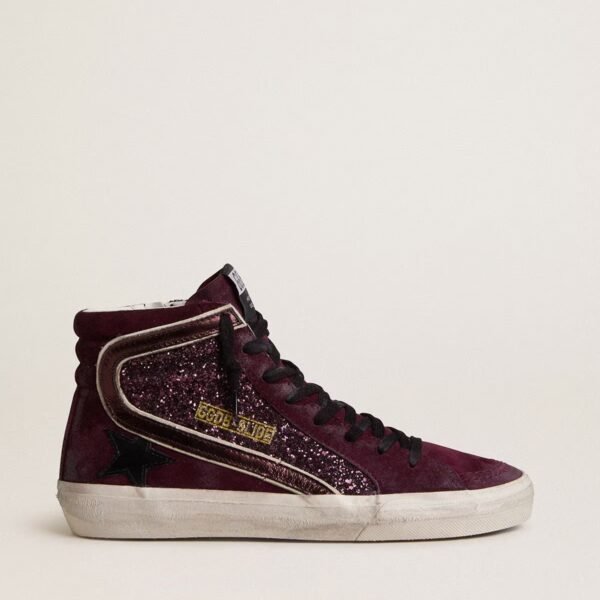 Slide in black cherry glitter and suede with leather star and metallic leather flash